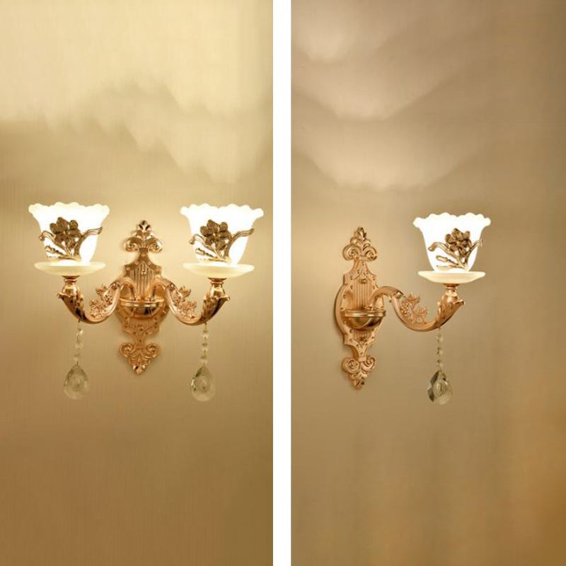 Gold Wall Mount Light Retro Glass Floral Shade Wall Lighting with Hanging Crystal
