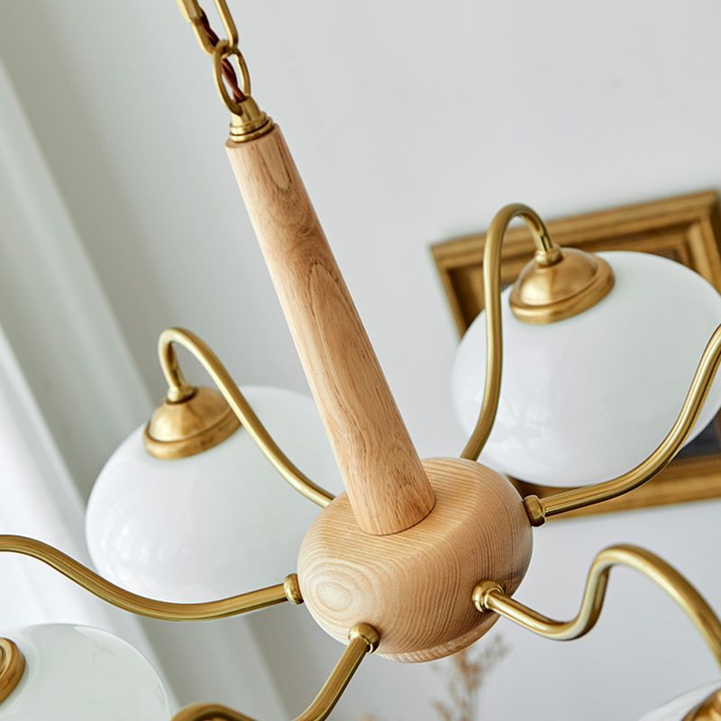 Contemporary Wood Sputnik Ceiling Pendant Glass Hanging Lights for Living Room