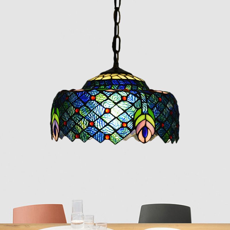 Blue and Green Drum Hanging Lamp Kit Tiffany 1-Light Hand Cut Glass Ceiling Light with Peacock Tail Pattern