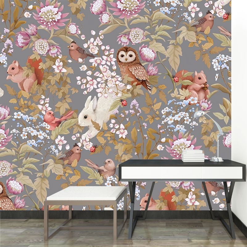 Cute Owl and Squirrel Mural Wallpaper for Girl's Bedroom, Pastel Pink, Made to Measure