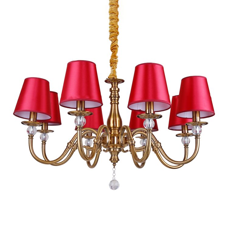 Fabric Red and Brass Chandelier Conical Country Style Pendant Light for Living Room