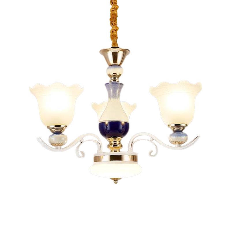 Bloom Dining Room Pendant Chandelier Antiqued Frosted Glass 3/6 Lights White Curvy Arm Suspension Lamp
