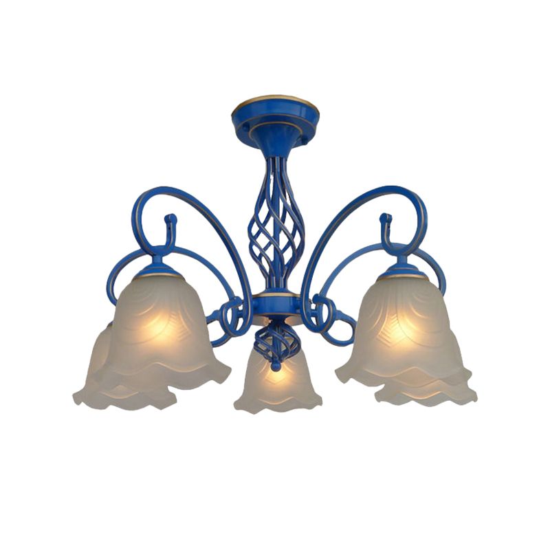 5/6/8 Bulbs Flared Chandelier Light Traditional Frosted Glass Hanging Ceiling Fixture in Blue