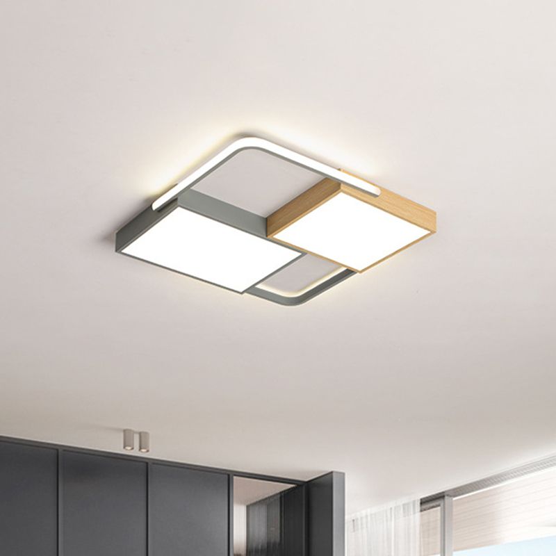 20.5"/34" Brede Nordic LED Plafond Licht Acryl Grijs en Houten Vierkante/Rechthoek Flush Mount met Raster Ontwerp, Warm/Wit Licht