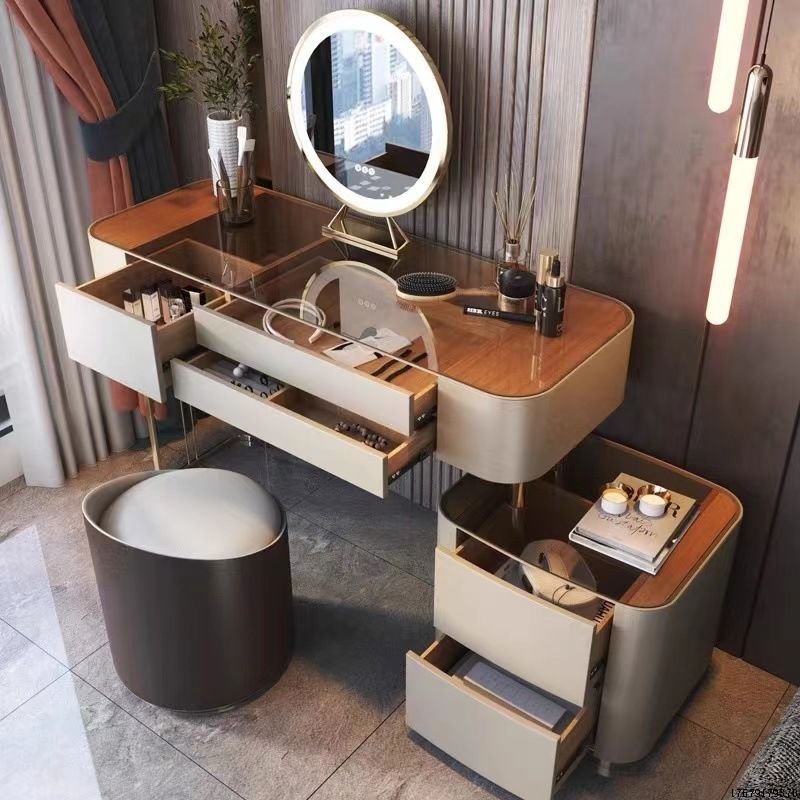 Contemporary Vanity Tables 5 Drawers Glass Top Makeup Vanity Desk