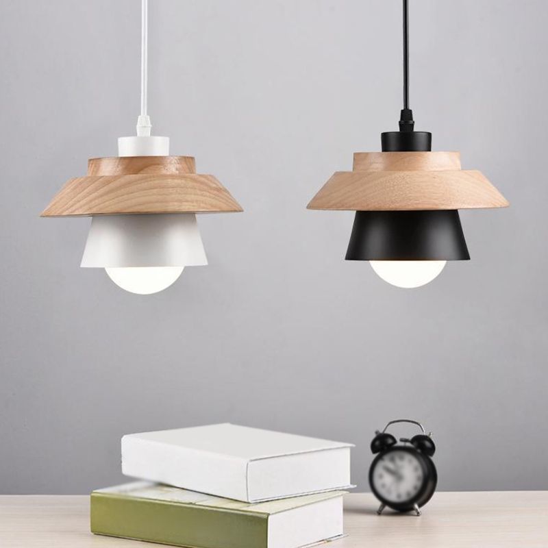 Saucer Cup Dining Room Hanging Lamp Metal and Wood 1 Bulb Nordic Pendant Light Fixture