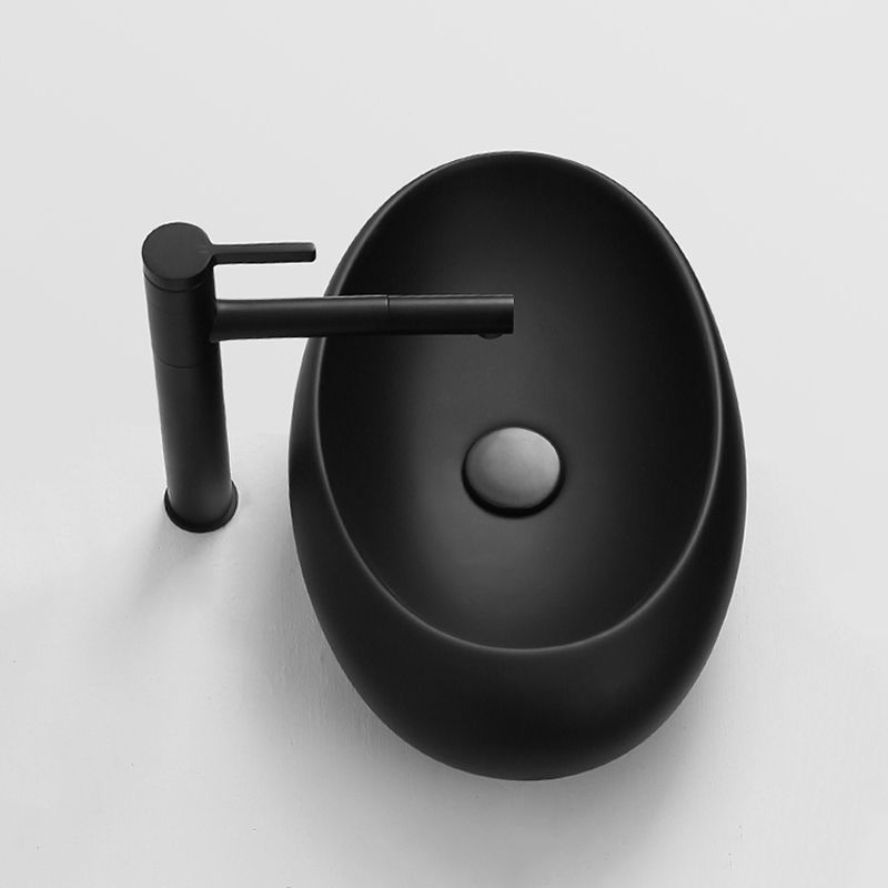 Modern Bathroom Sink Porcelain Oval with Pop-Up Drain and Faucet Vessel Lavatory Sink