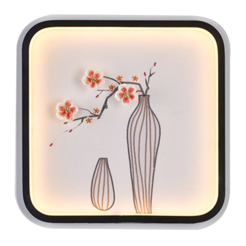 Asia Plum Flower Vase Ceramic Mural Light LED Wall Mount Lamp with Black Square Frame