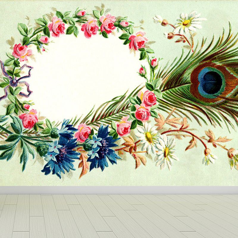 Illustration Style Wreath Mural Decal for Dining Room, Green, Custom Size Available