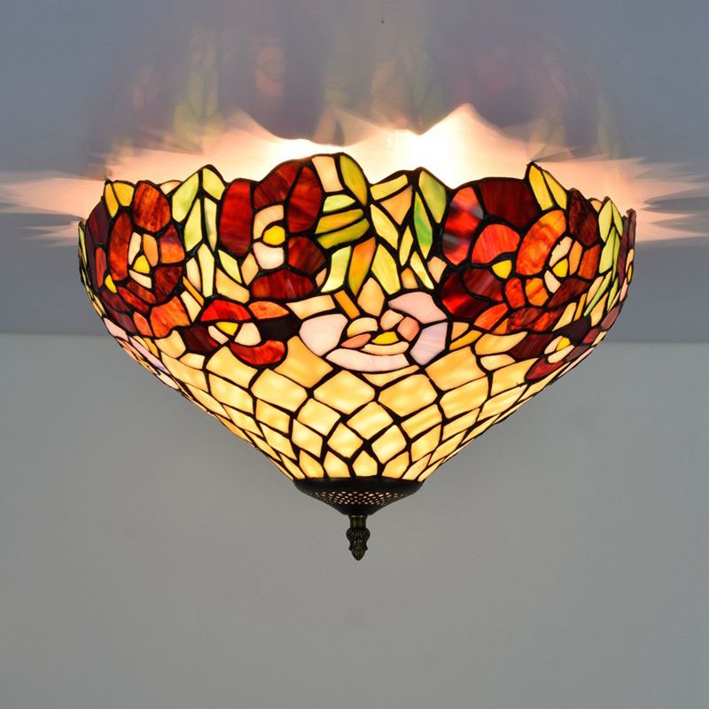 Tiffany-Style Bloom Flush Mount Recessed Lighting 3 Bulb Handcrafted Stained Glass Close to Ceiling Lamp in Bronze