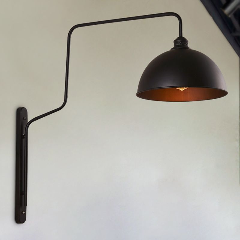 Luz de pared en forma de tazón de 1 cabeza de pared vintage Black Finish Metal Lighting con brazo curvo para restaurante