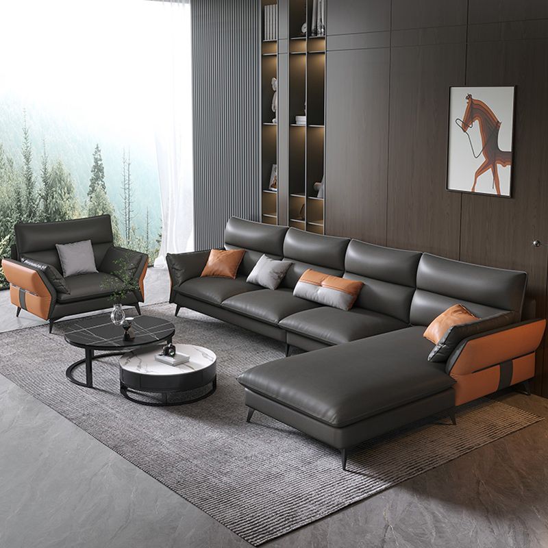 Vintage Sewn Pillow Back Sofa & Chaise 4-seat Faux Leather Sofa