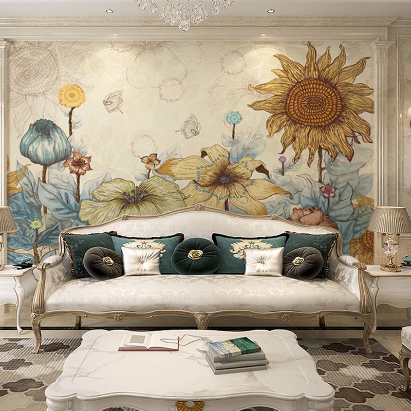 Decorative Sunflower Mural Wallpaper Non-Woven Fabric Nostalgic Wall Covering for Dining Room Decor