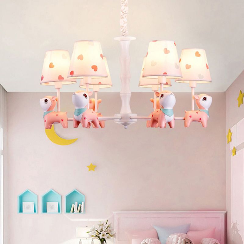 Cartoon Empire Shade Suspension Light Patterned Fabric Bedroom Chandelier Light with Resin Deer in Pink