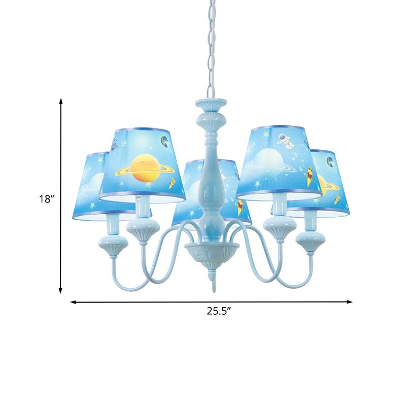 Blue Barrel Chandelier Light Mediterranean 5/6 Bulbs Fabric Ceiling Hang Fixture with Universe Pattern