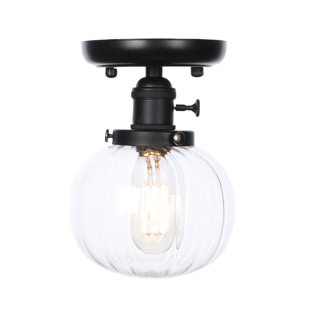 Black 1 Light Ceiling Mount Clear/Amber Glass Industrial Round/Globe Semi Flush Light for Kitchen