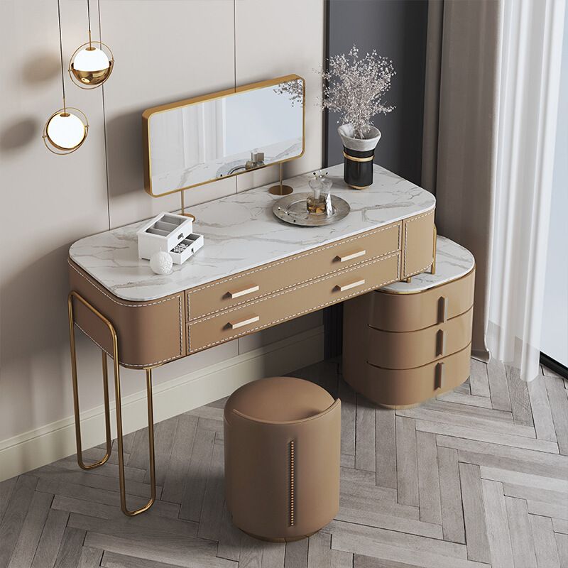 Mirrored Makeup Dressing Table Luxurious Stone Top Stool Set in Brown