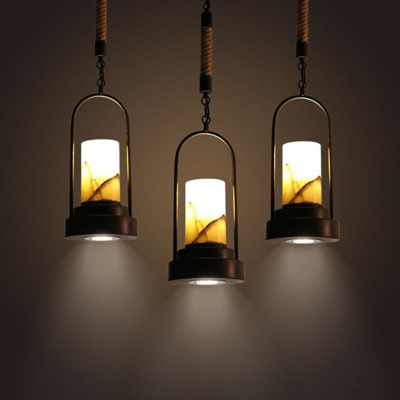 Faux Candle Wine Bar Pendant Lamp Rural Marble 1-Light Black Hanging Light Fixture with Arched Frame and Rope Detail