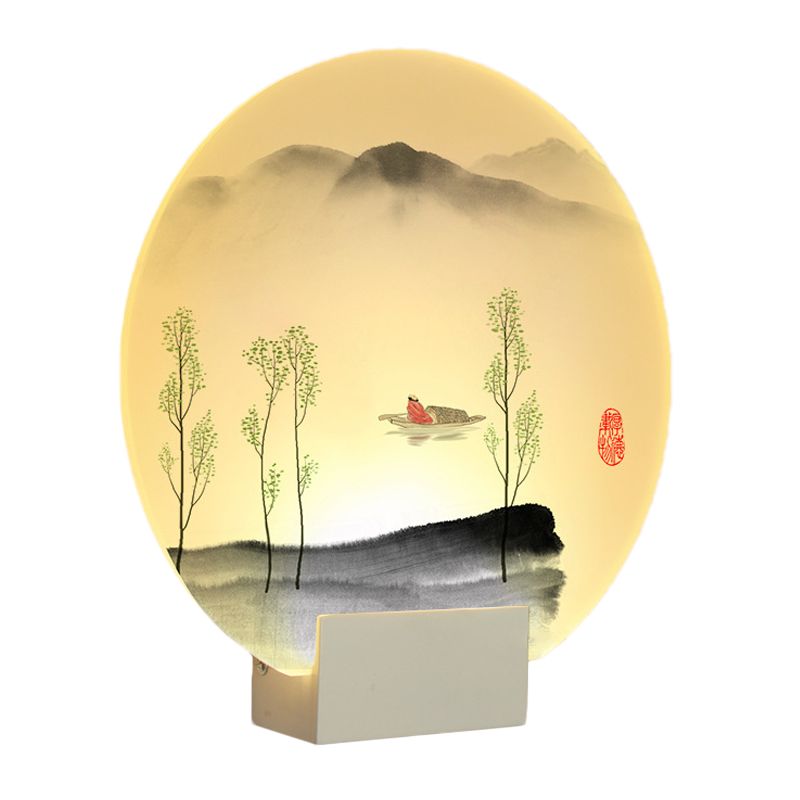 Circular Acrylic Mountain and Boat Mural Lamp Oriental Style LED White Wall Lighting Idea