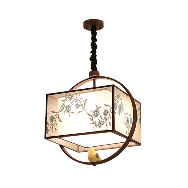 Square Fabric Suspension Pendant Light Chinese Style Black Hanging Ceiling Light