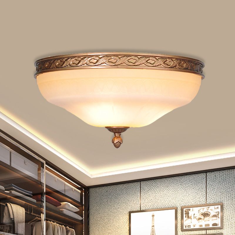 Bronze Bowl Flush Mount Lighting Country Frosted Glass 3/5 Lights Living Room Ceiling Light, 14"/16.5"/20" W