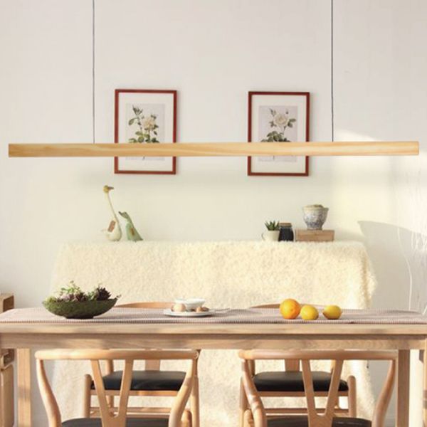 Minimalist 1 Light Wood Island Lamp Linear LED Long Strip Hanging Light