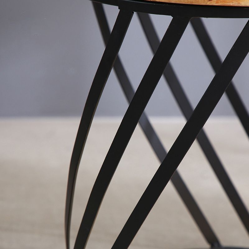 Drum End Table with Storage Solid Wood Round Top and Metal Base