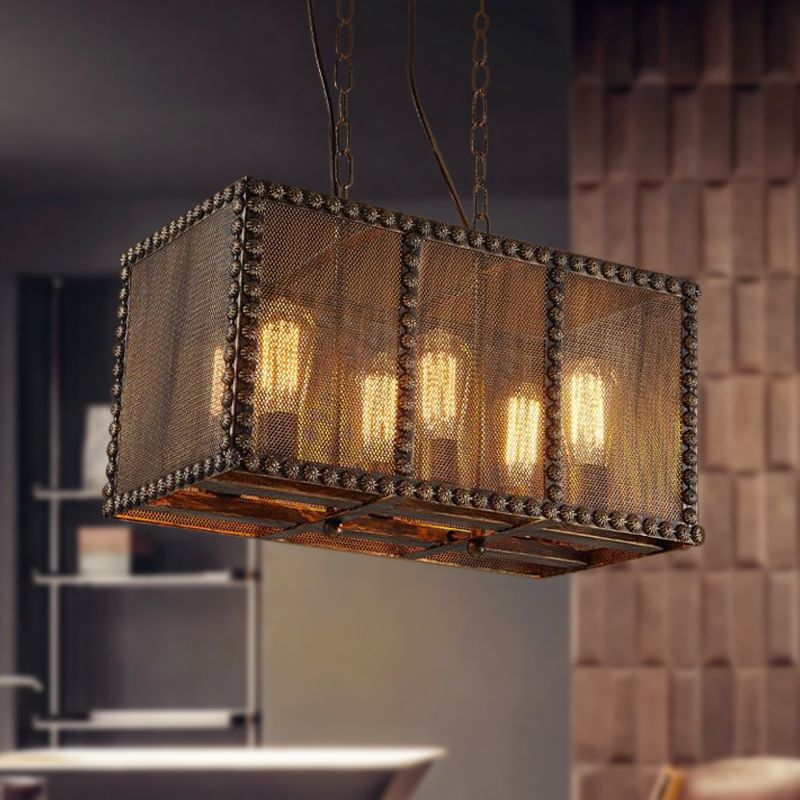 Rectangle Cage Metal Chandelier Lighting with Mesh Screen and Rivets Antique Style 6-Light Indoor Ceiling Light Fixture in Rust