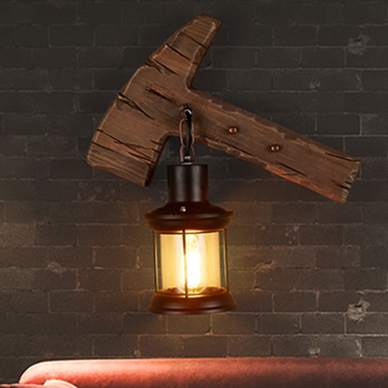 Single-Bulb Sconce Lamp Farmhouse Ax Wooden Wall Lighting with Lantern Shade for Bistro