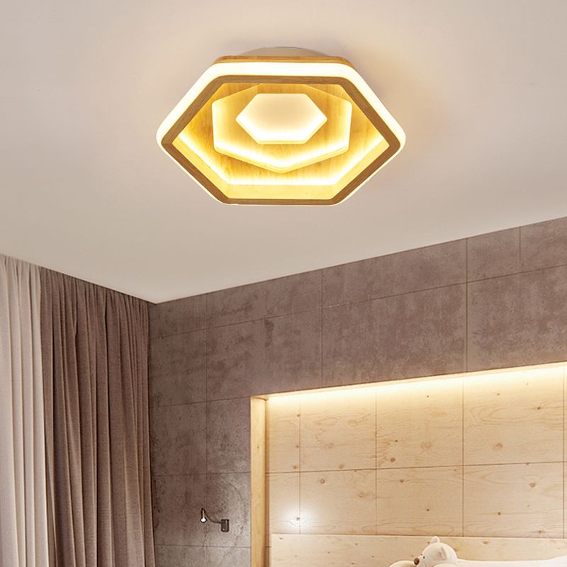 Honeycomb Bedroom LED Flush Ceiling Light Wooden Contemporary Flush Mount Lighting Fixture in Beige
