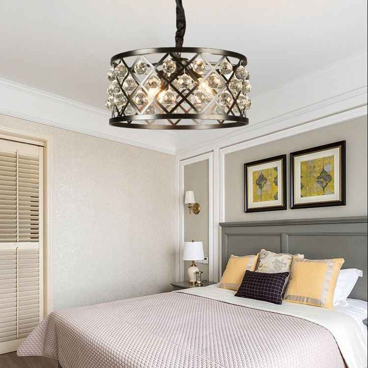 Drum Living Room Suspended Lighting Fixture Crystal Encrusted Modern Ceiling Suspension Lamp in Black