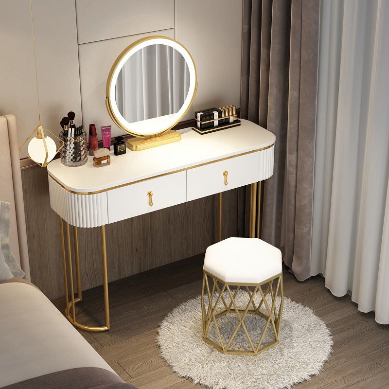 Glam Wood Frame Makeup Vanity Drawer Vanity in White with Gold Base