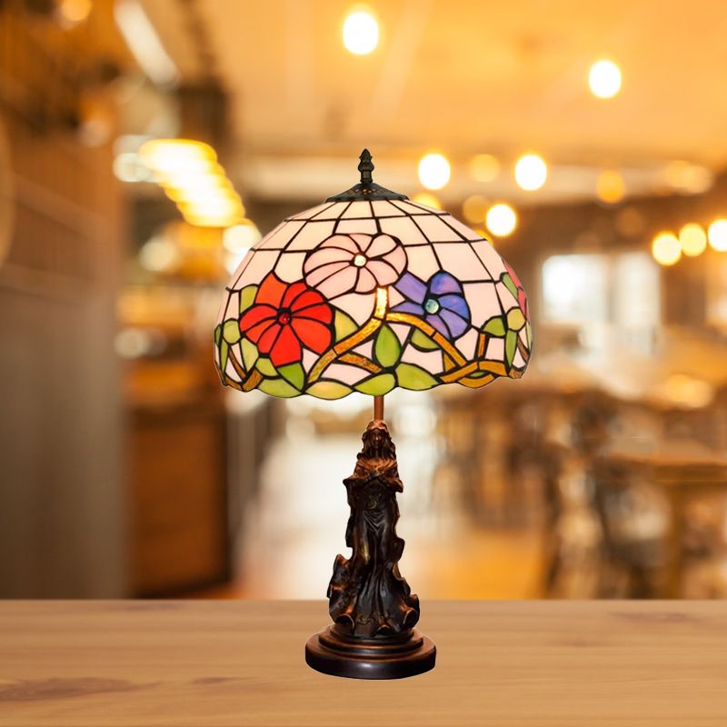 Lampada da comodino Beauty in bronzo Tiffany Lampada da tavolo in resina a 1 lampadina con paralume in vetro floreale rosa/viola