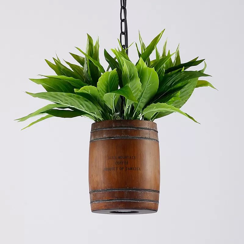 Bucket Wood Pendant Light Fixture Industrial 1 Head Dining Room Ceiling Lamp in Coffee with Plant Deco