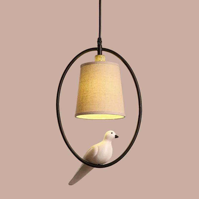 Cone Pendant Ceiling Light Artistic Fabric 1-Light White/Black Hanging Light with Bird Decor and Oval Frame