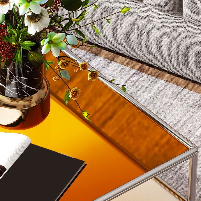 Contemporary Square Coffee Table with Shelf and Glass Top and Steel 4 Legs