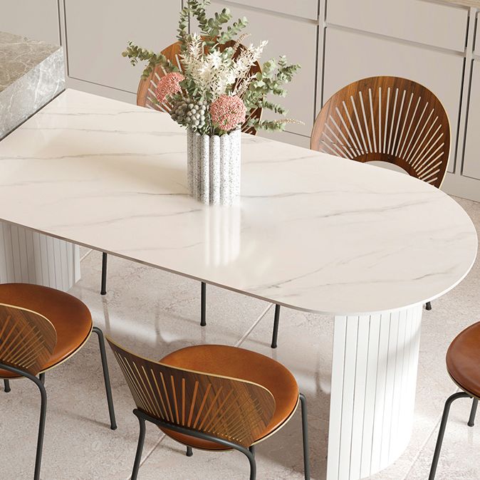 Free Form Sintered Stone Table White Tone Simplicity Double Pedestal Table for Dining Room