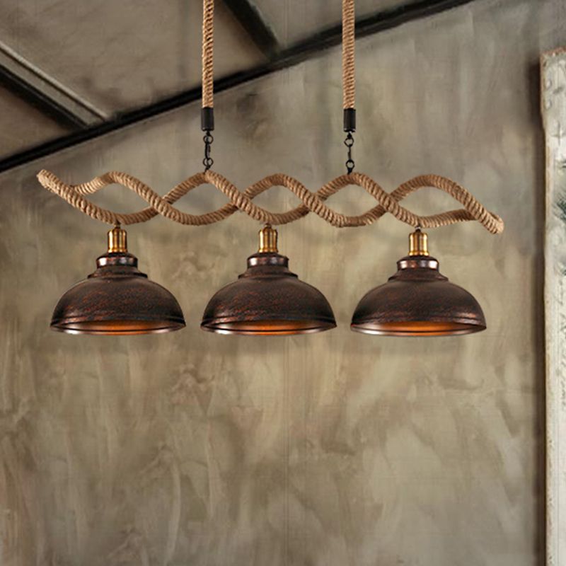 Dome Kitchen Island Pendant Light Industrial Metal and Rope 3 Lights Rust Hanging Lamp Kit
