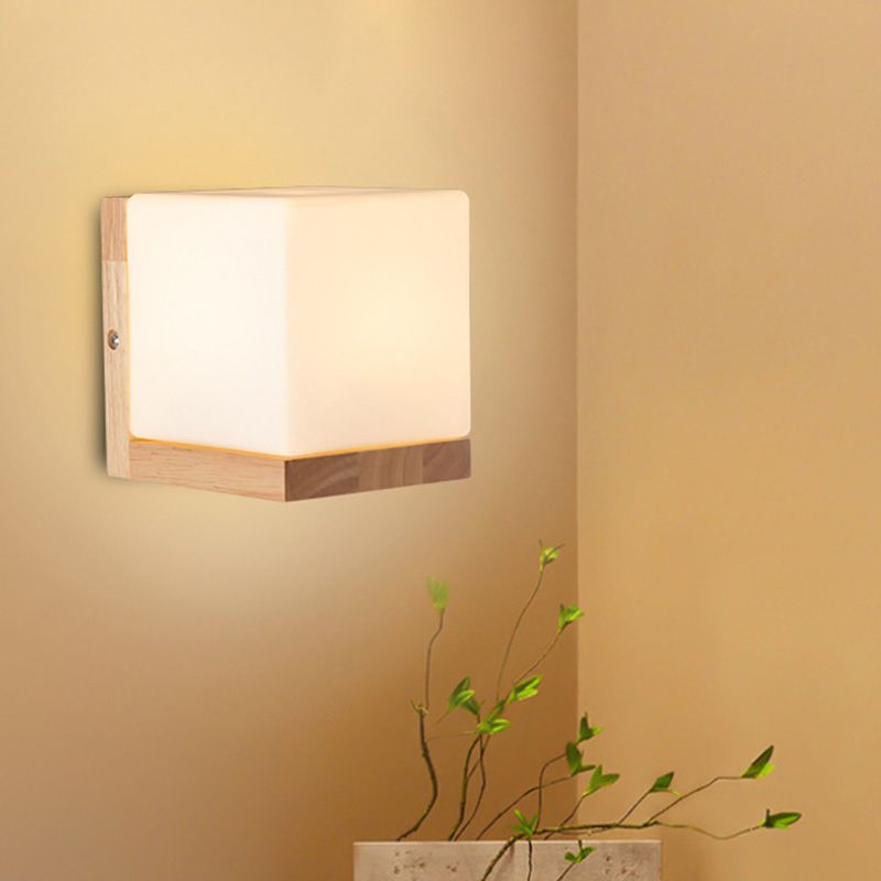 Iluminación apliques en forma de cubo estilo nórdico vidrio blanco de 1 luz de la pared de la pared con placa de espalda de madera