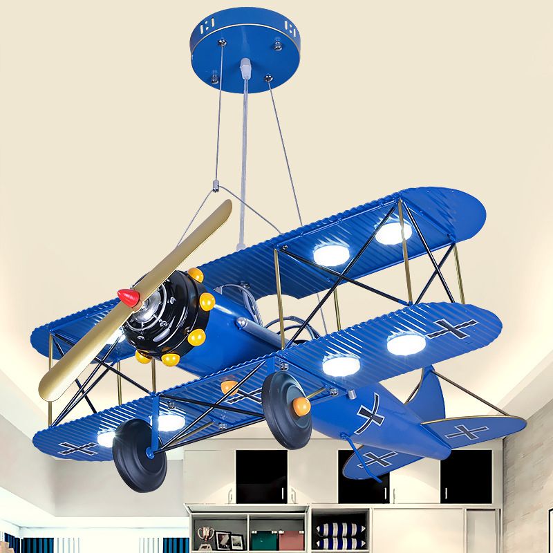 LED Biplane Hanging Lamp Kit Cartoon Metallic Yellow/Dark Blue-Yellow/Blue Chandelier Lighting for Nursery