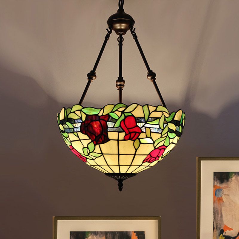 Lampadario del soffitto del soffitto ciotola vetrata mediterranea 2 luci rosse/giallo/verde appesa a sospensione Luce