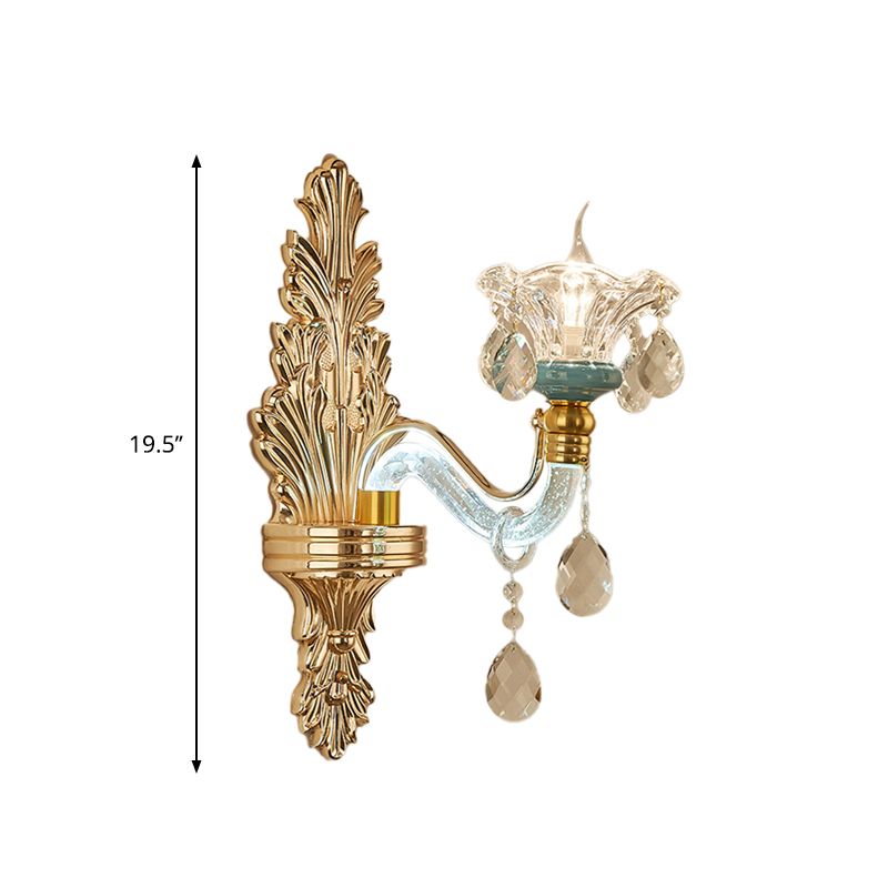 Floral Living Room Wall Light Sconce Traditional Clear Glass Single Gold Wall Lamp Fixture