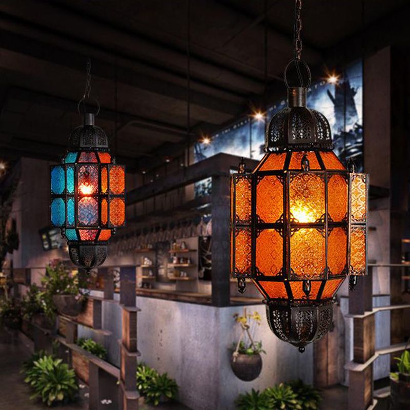 Black Lantern Pendant Vintage Metal 1-Bulb Restaurant Ceiling Light with Yellow Textured Glass Shade