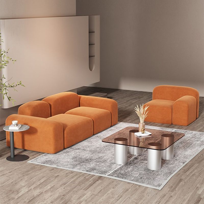 Square Arm Sofa Contemporary Simple Velvet Seating in Orange