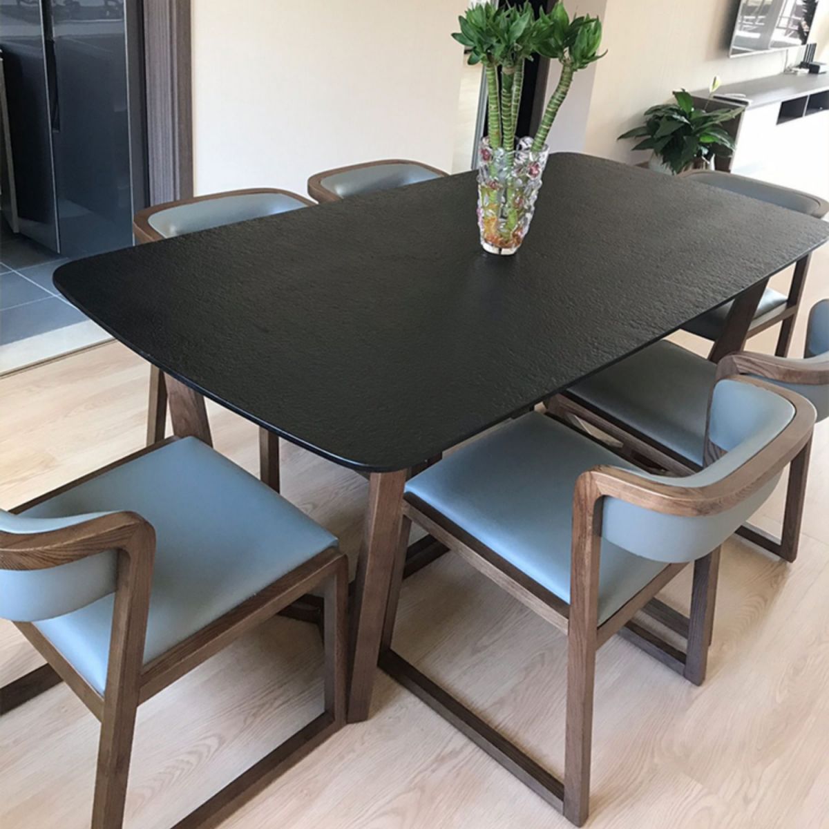 Modern Sintered Stone Dining Table Set Rectangular Dining Table with Solid Wood Base