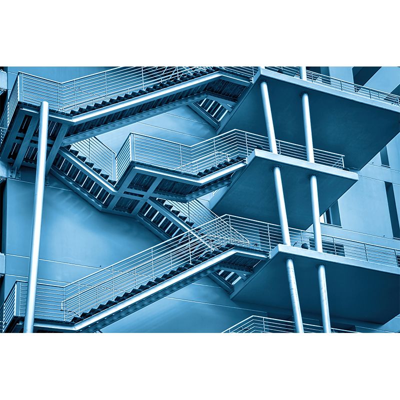 Huge Dog-Legged Stairs Wall Mural House Interior Architecture Wall Art in Blue, Waterproof