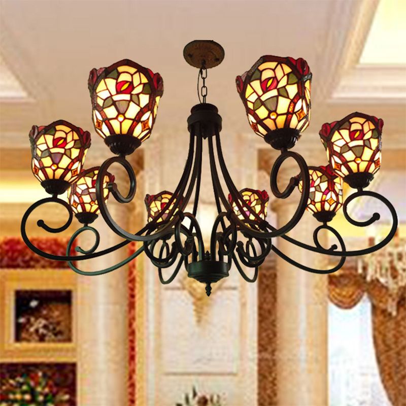 Cut Glass Arched Chandelier Lighting Fixture Victorian 8 Lights Red/Yellow/Dark Red Pendant Lamp for Living Room