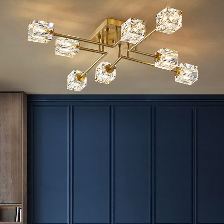 Square Crystal Shade LED Semi Flush Mount in Modern Luxury Style Ceiling Light with Copper Strip