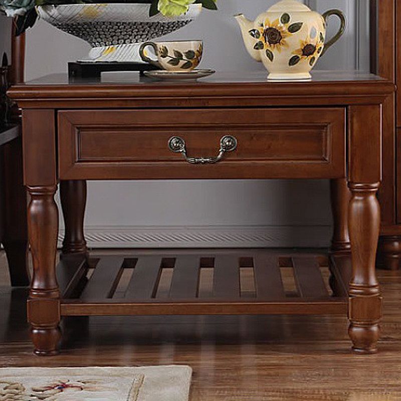 French Country Wood End Table Double Tier Square Sofa Side Table with Storage