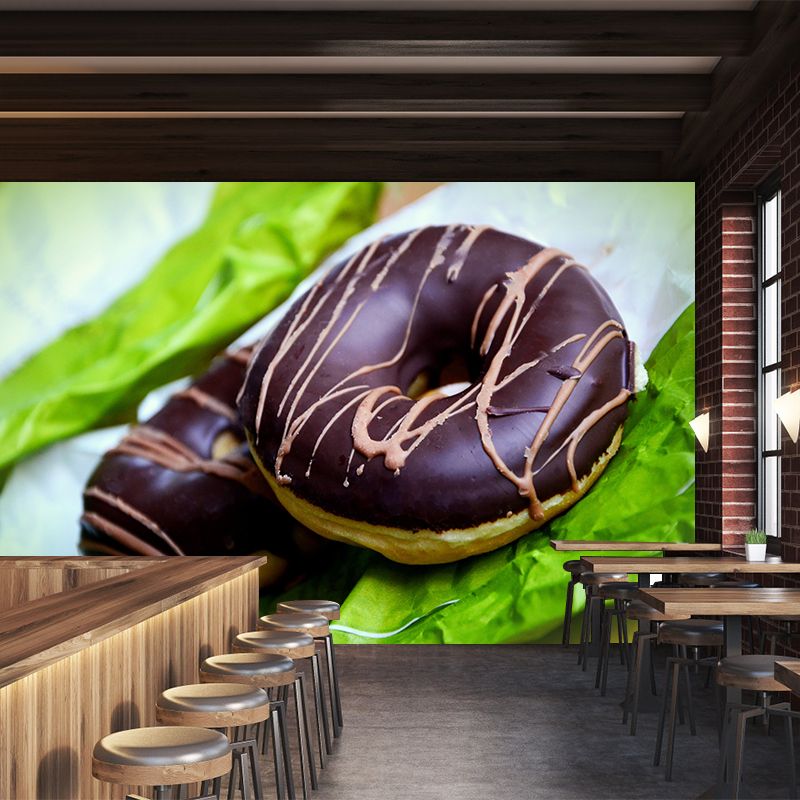 Tasty Dessert Mural Wallpaper with Donut Pattern Mildew Resistant Coffee Shop Wall Decor